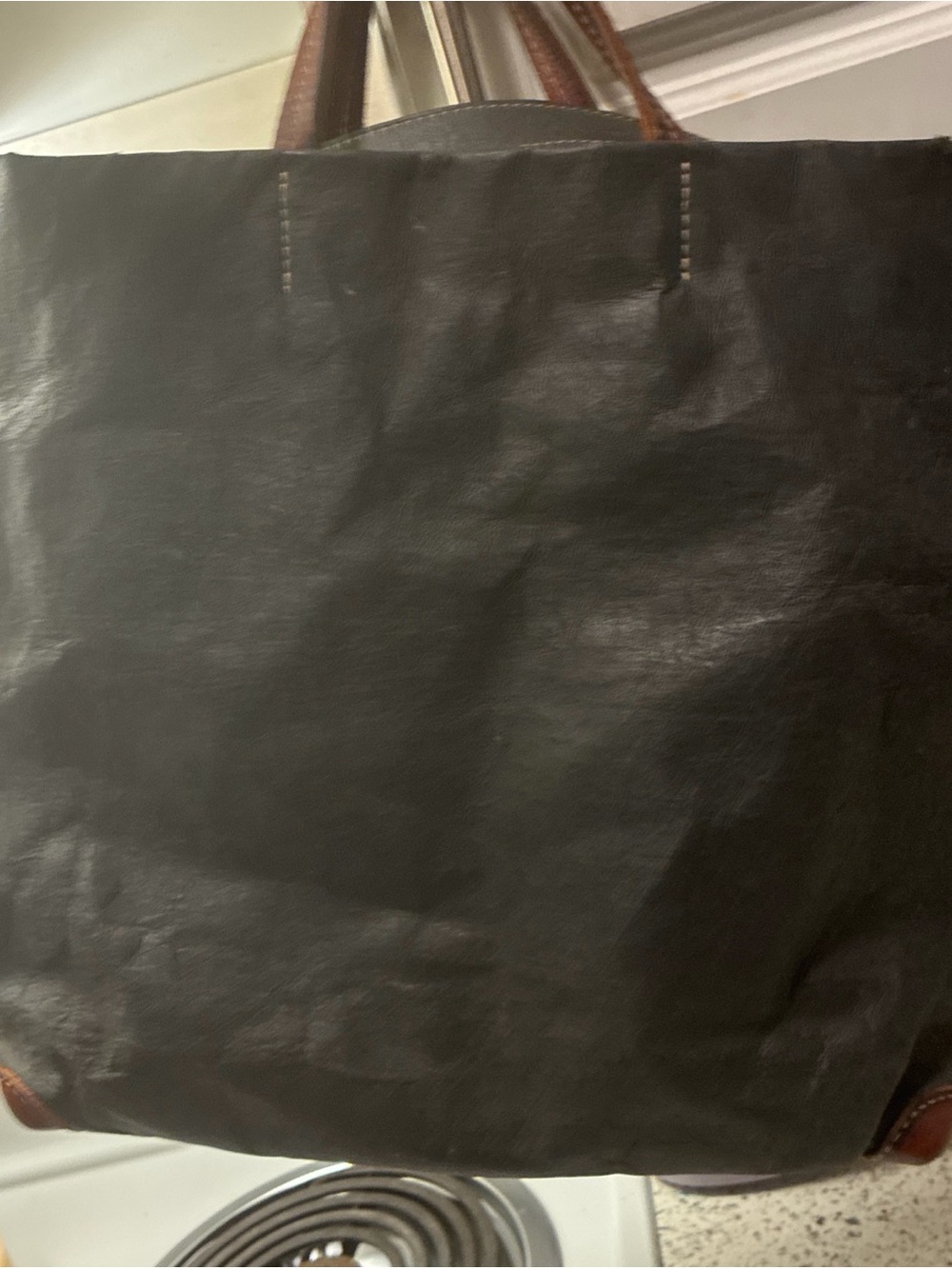 Classic Black Leather Tote uashmama large tote bag  with Brown Handles